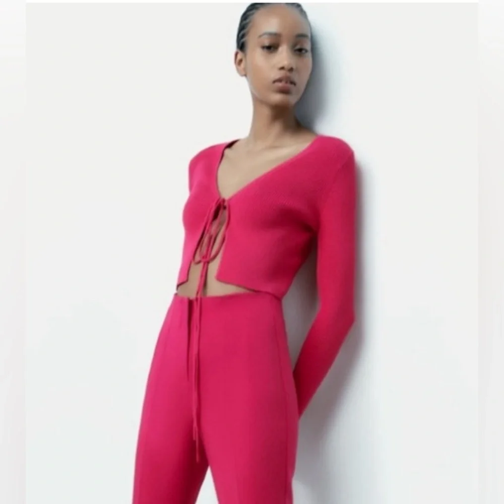 Zara Women’s Fuchsia Summer Ribbed Cropped Tie‎ Top Size Med NWOT